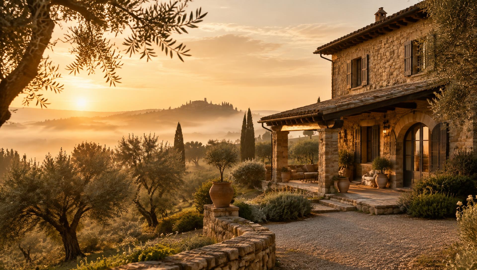 Antica casa in pietra italiana al tramonto, con travi in legno e ulivi